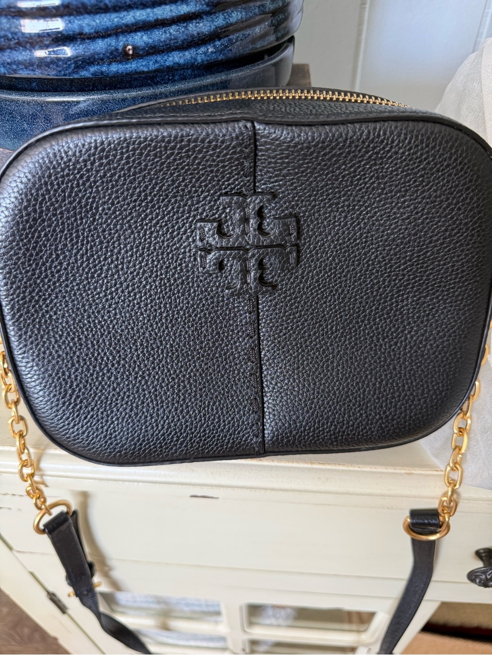 Tory Burch Black Pebbled Leather Camera Crossbody with Gold Chain